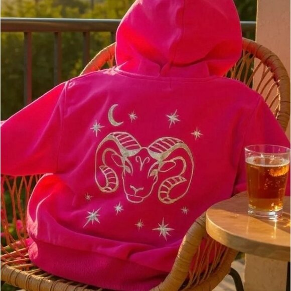 Aries Velour Embroidered Hoodie – by HOROSCOPEZ Pink Zodiac Astrology Jacket M - Picture 4 of 4